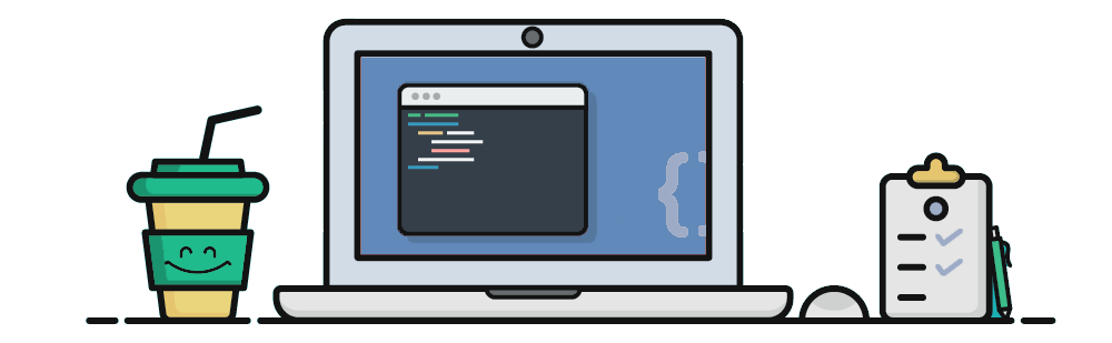A web illustration of a smiling coffy cup and a clipboard checklist next to a laptop